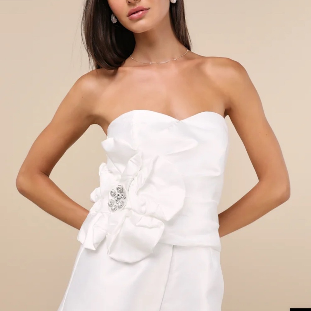Lulu's White Strapless Jumpsuit with Floral Detail